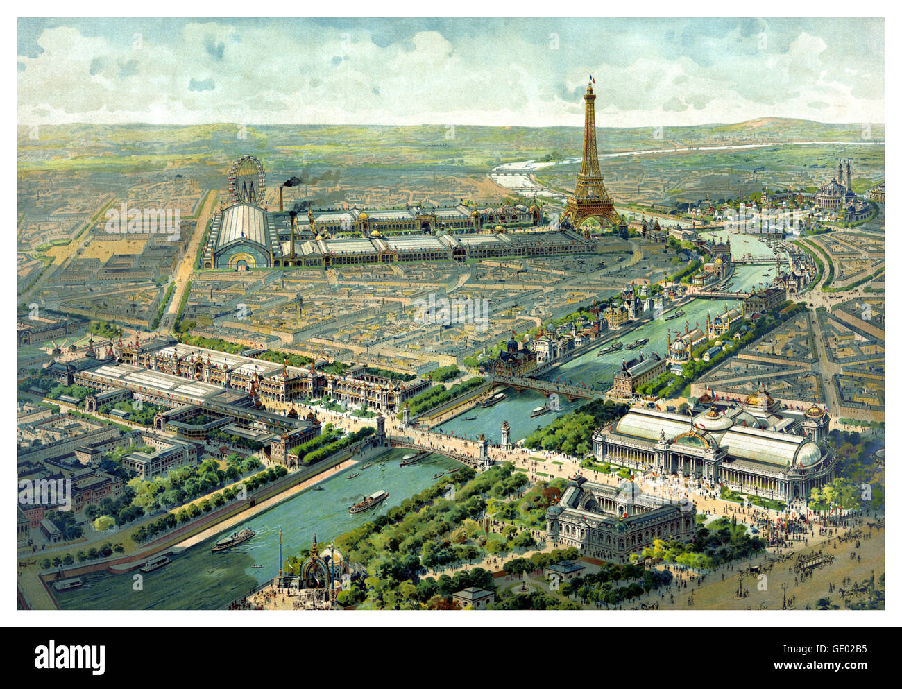 PARIS EXPOSITION 1900 Historic vintage Panoramique aerial elevated illustration view of Paris including the Eiffel Tower and River Seine during l'exposition 1900 Paris France Stock Photo