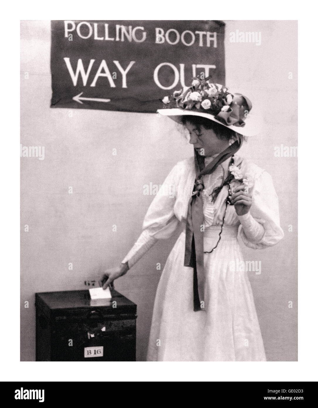 Suffragette movement Christabel Pankhurst in a United Kingdom polling booth circa 1910. She was a daughter of Emmeline Pankhurst and a political activist of the suffragette movement that secured votes for women. Co-founder of women’s social and political union WSPU Stock Photo