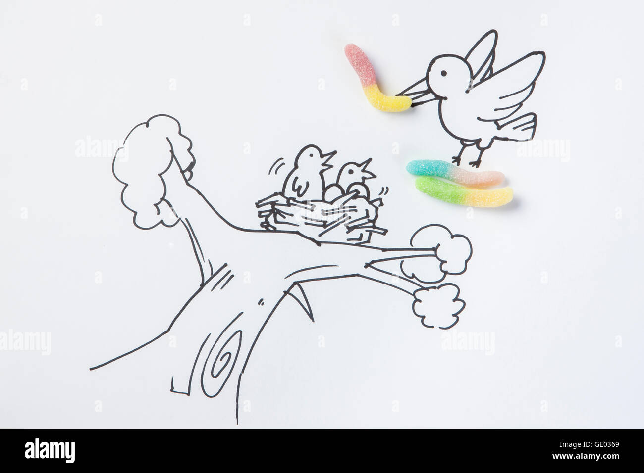 Illustration of mother bird taking care of babies in a nest Stock Photo ...