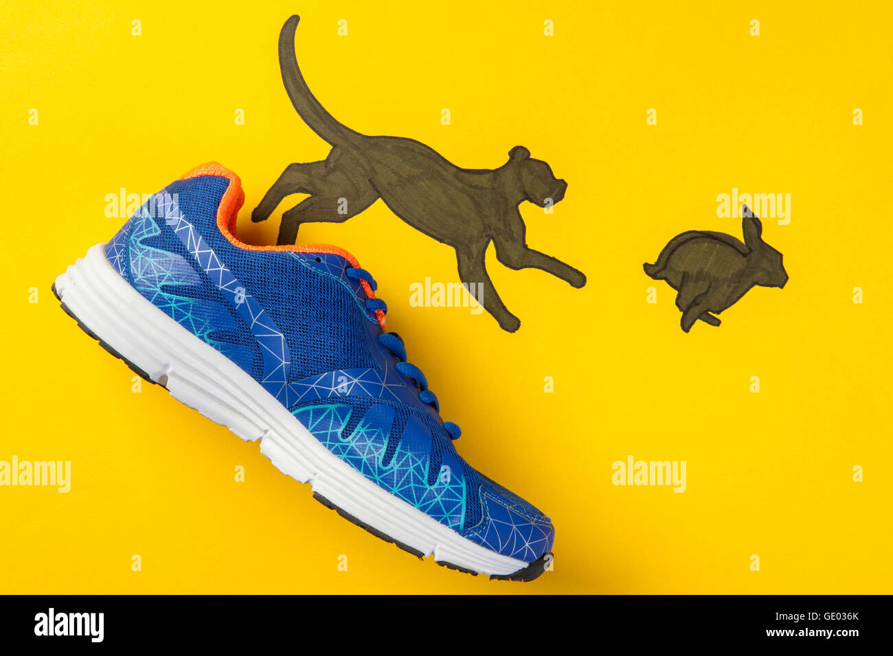 Illustration of a hunting dog coming out of a sneaker and chasing a rabbit Stock Photo