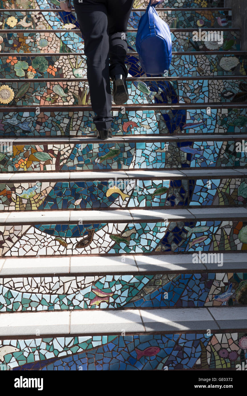 Detail of the mosaic tile decoration on the 16th Ave. Steps project, or Moraga Steps or Stairs. San Francisco, California, USA Stock Photo
