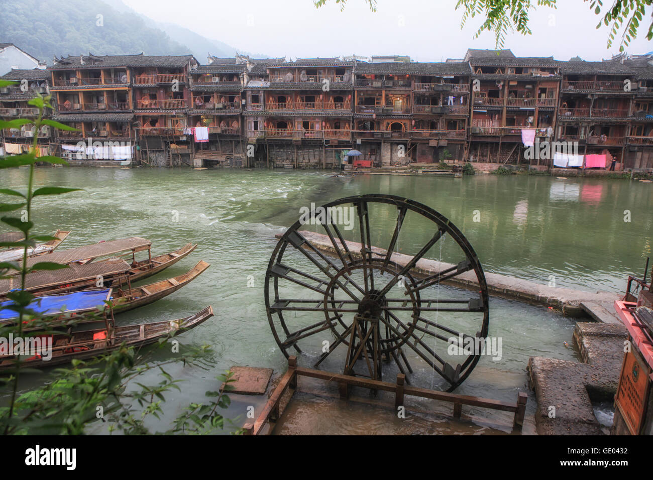 Boats and Watermills Old Phoenix Town Fenghuang, China Stock Photo