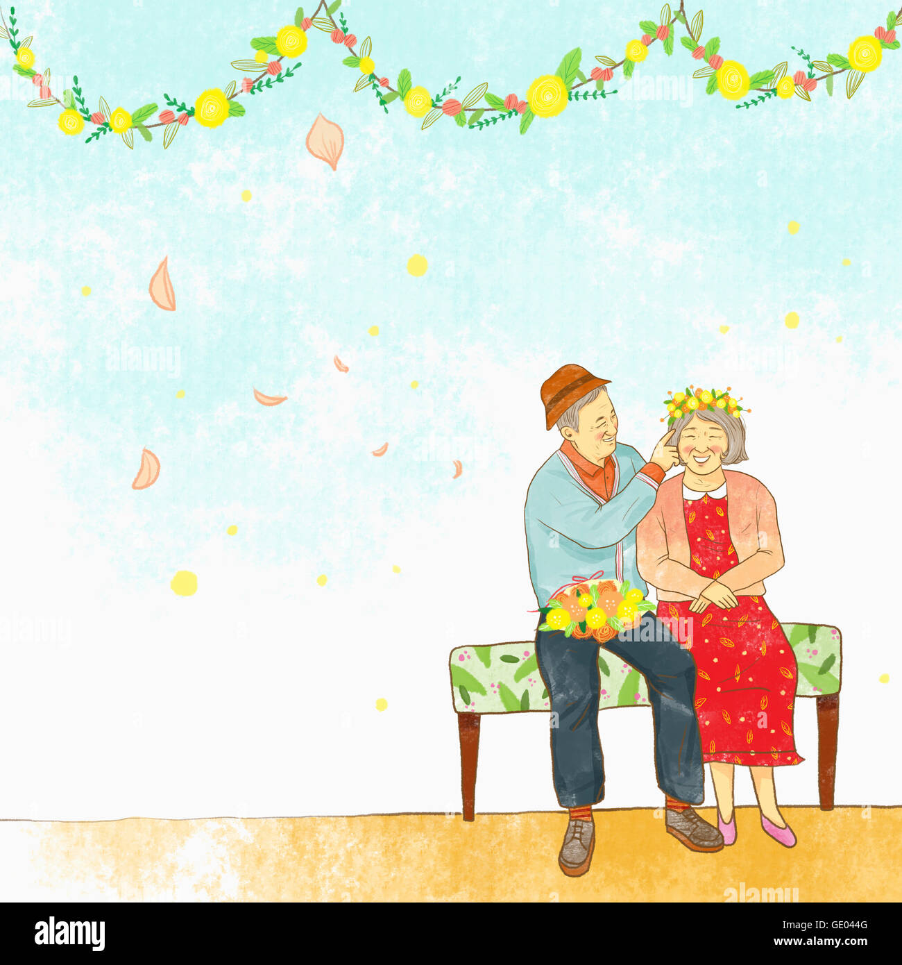 Illustration of romantic old couple Stock Photo - Alamy
