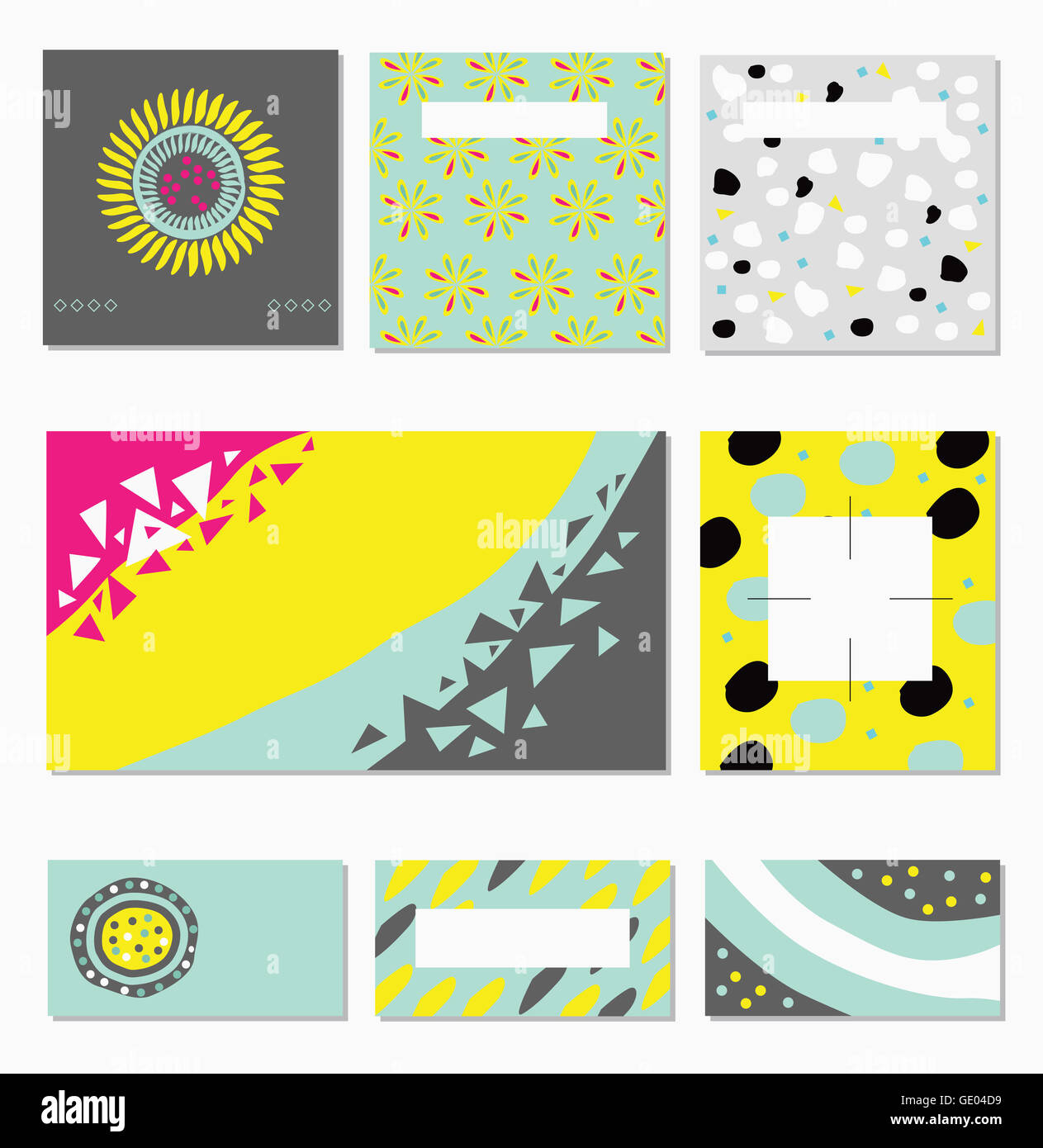 Illustration of postcards and business cards with patterns of sunflower,  stripes, polka dots and triangles Stock Photo - Alamy