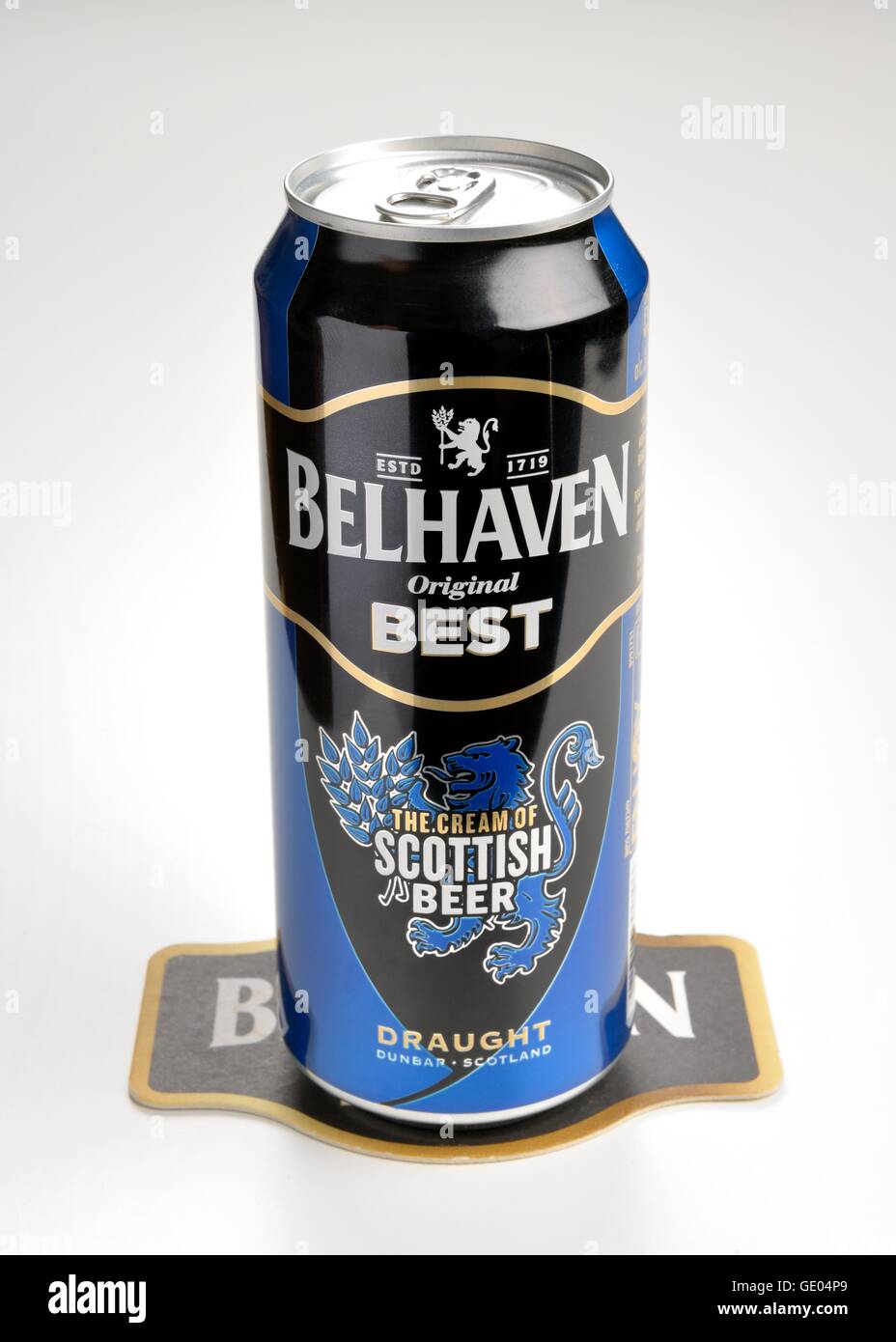 A single can of Belhaven Best Scottish beer brewed in Dunbar, Scotland