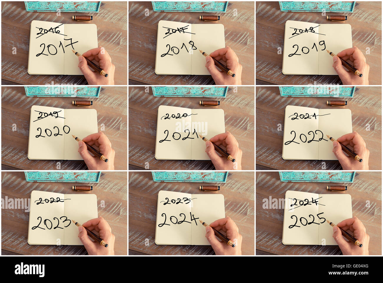 Collage with concept images of years from 2017 to 2025. Retro effect and toned image of a woman hand writing a note with a fountain pen on a notebook. Happy New Year concept Stock Photo