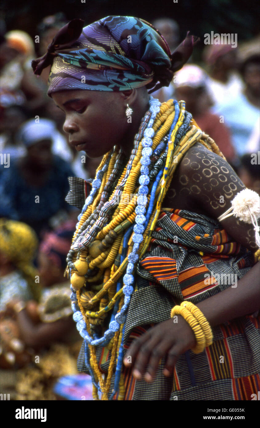 A girl dancing at her Dipo Ceremony, which is held in the Krobo area of the Eastern Region in Ghana, West Africa. Stock Photo