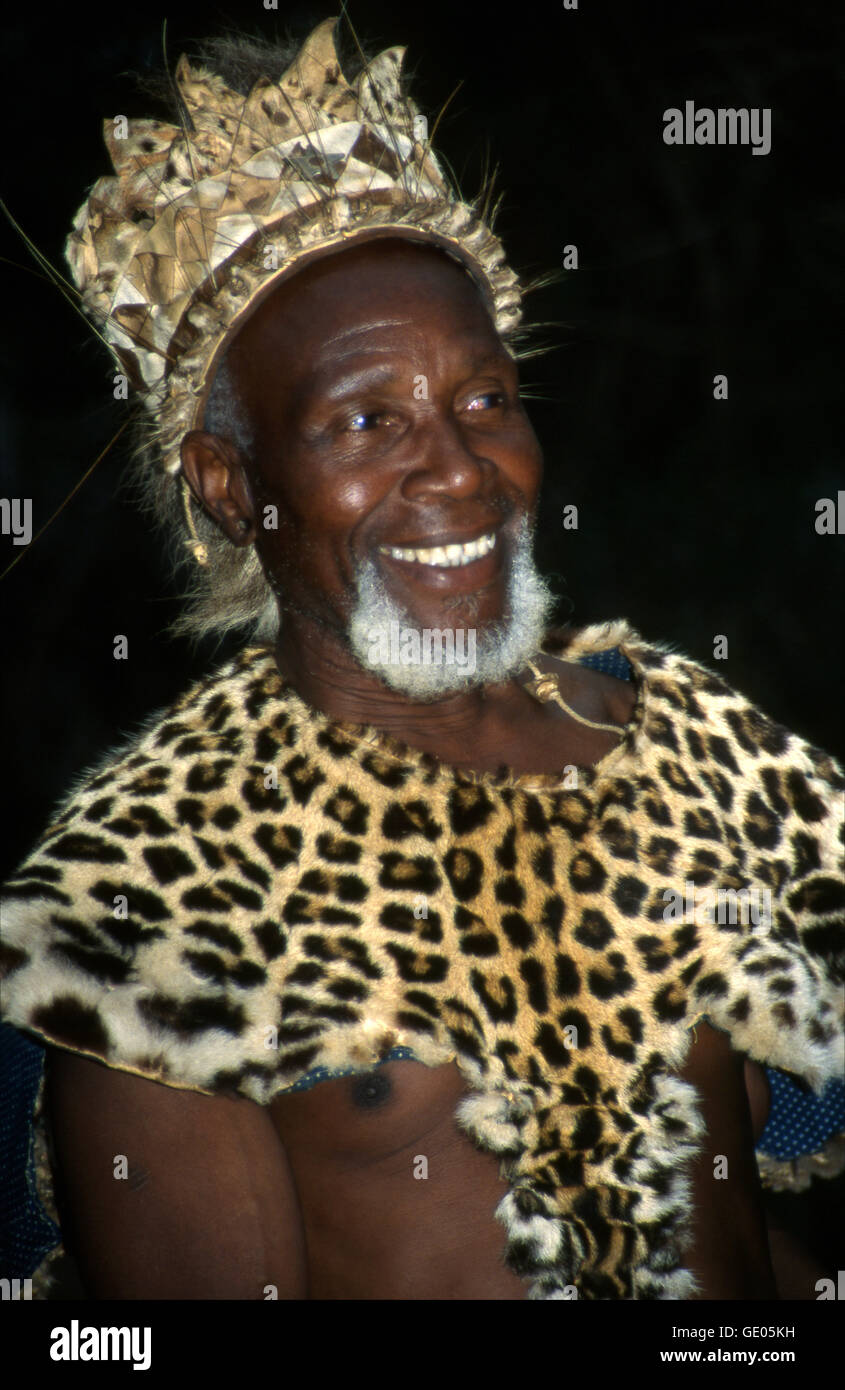 Portrait of Chief Gilenya Biyela, Zulu chief of the Simunye kraal. Kwazulu Natal, South Africa. Stock Photo