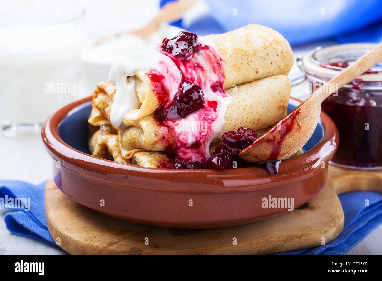 Homemade Crepes Rolls With With With Cottage Cheese Filling Served