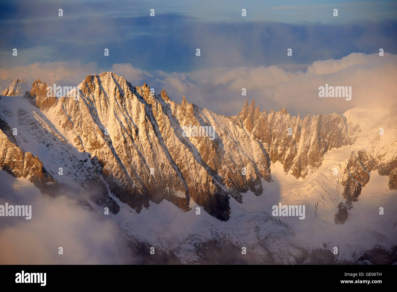 geography / travel, France, Les Courtes summit (3856m) at sunrise, Mont-Blanc range, Chamonix, Additional-Rights-Clearance-Info-Not-Available Stock Photo