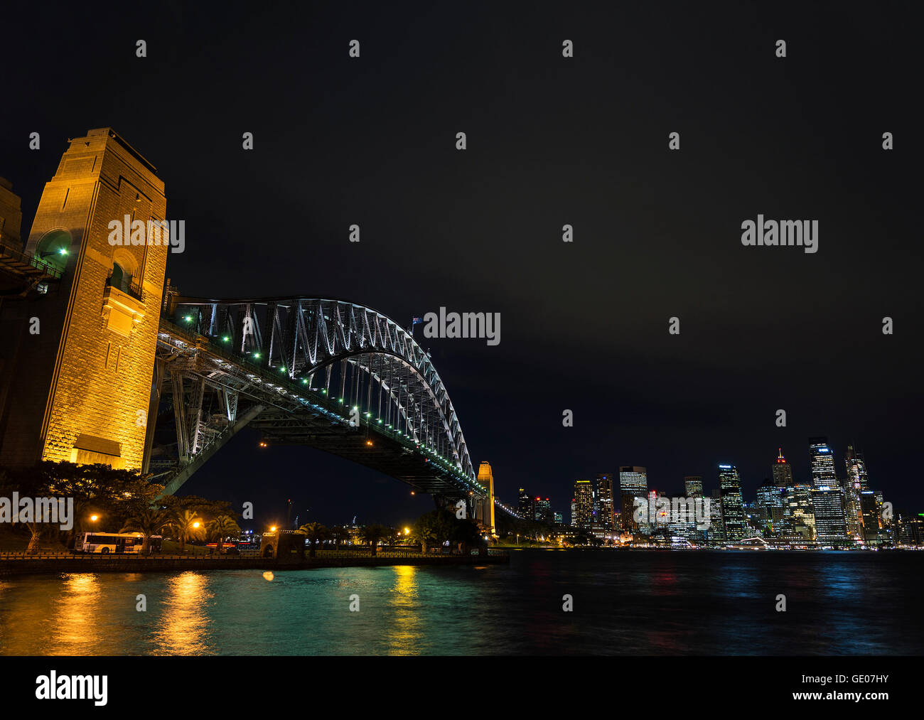 famous sydney harbour bridge and CBD skyline landmarks in australia at night Stock Photo