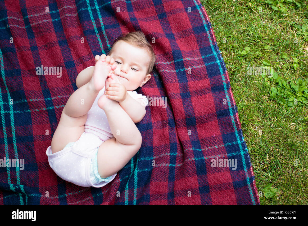 Baby lying on blanket in the garden Stock Photo Alamy