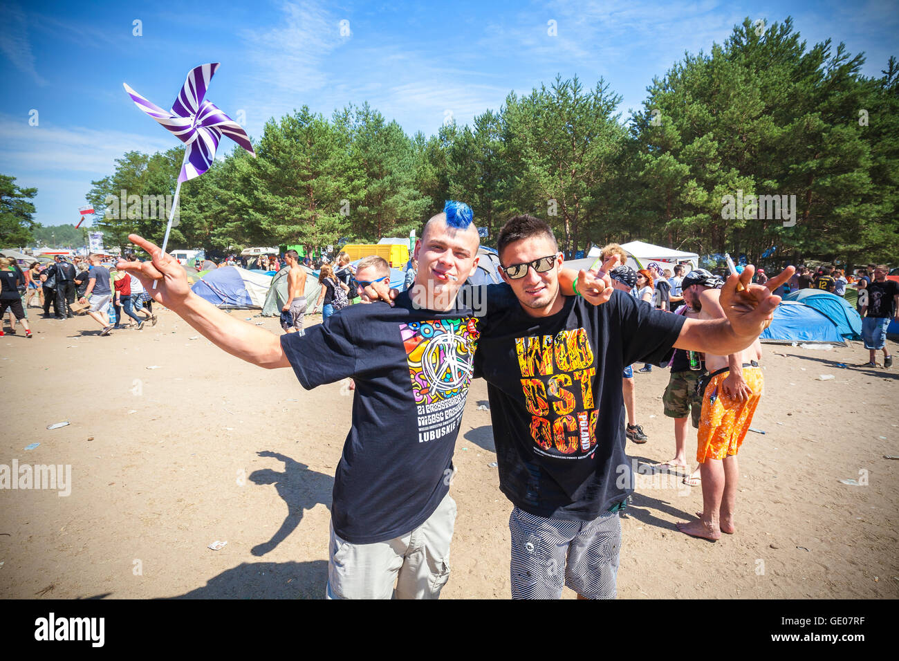 Happy people on the 21th Woodstock Festival Poland (Przystanek Woodstock). Stock Photo