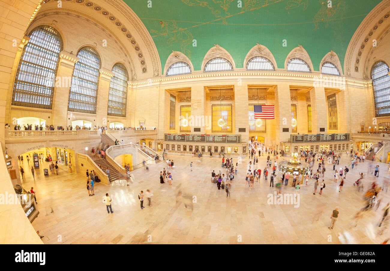 Fisheye lens picture of people and commuters in the Grand Central Terminal main hall. Stock Photo