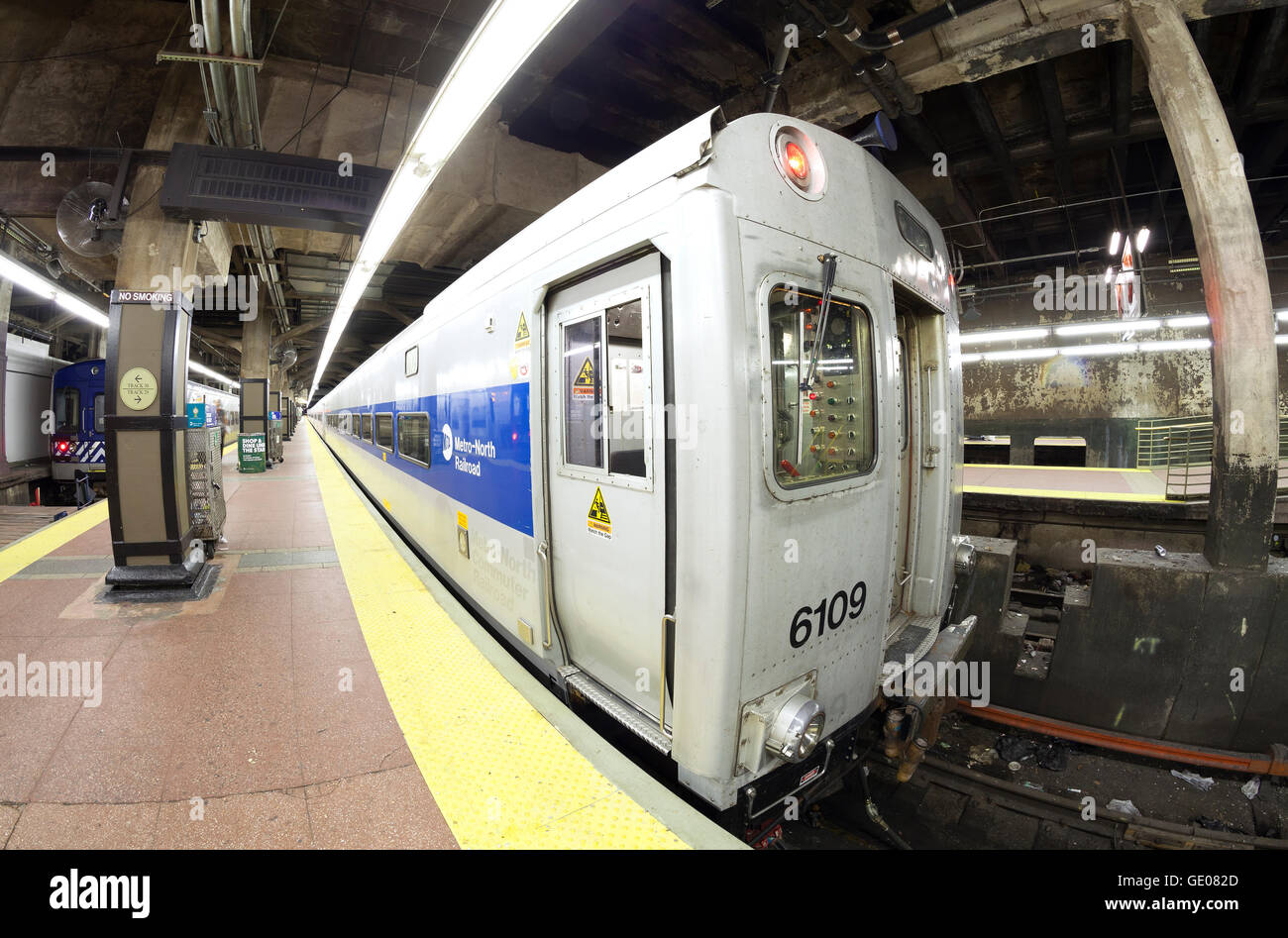Fisheye lens photo of MTA train at the Grand Central Terminal. Stock Photo