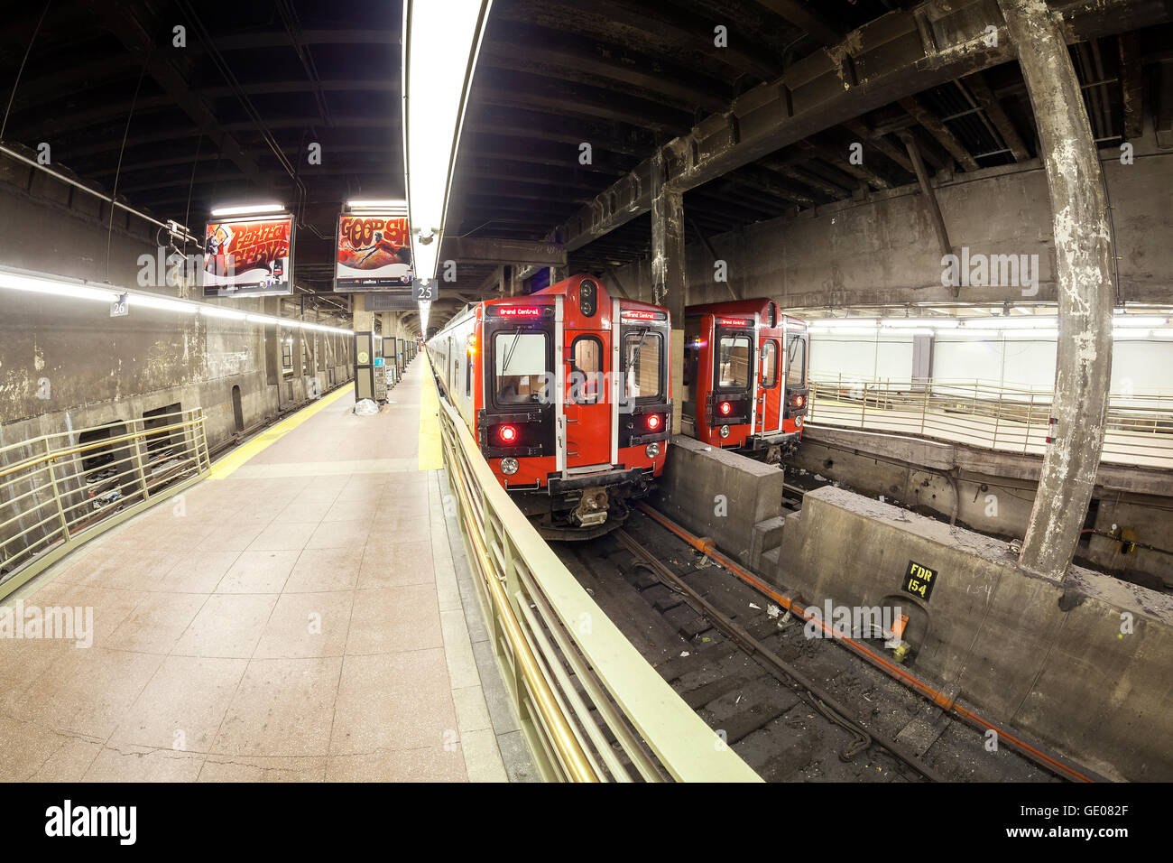 Fisheye lens photo of MTA train at the Grand Central Terminal. Stock Photo