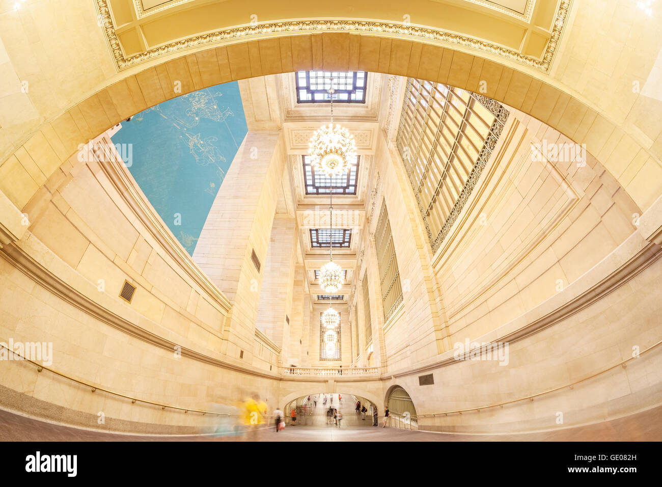 Fisheye lens photo of Grand Central Terminal interior. Stock Photo
