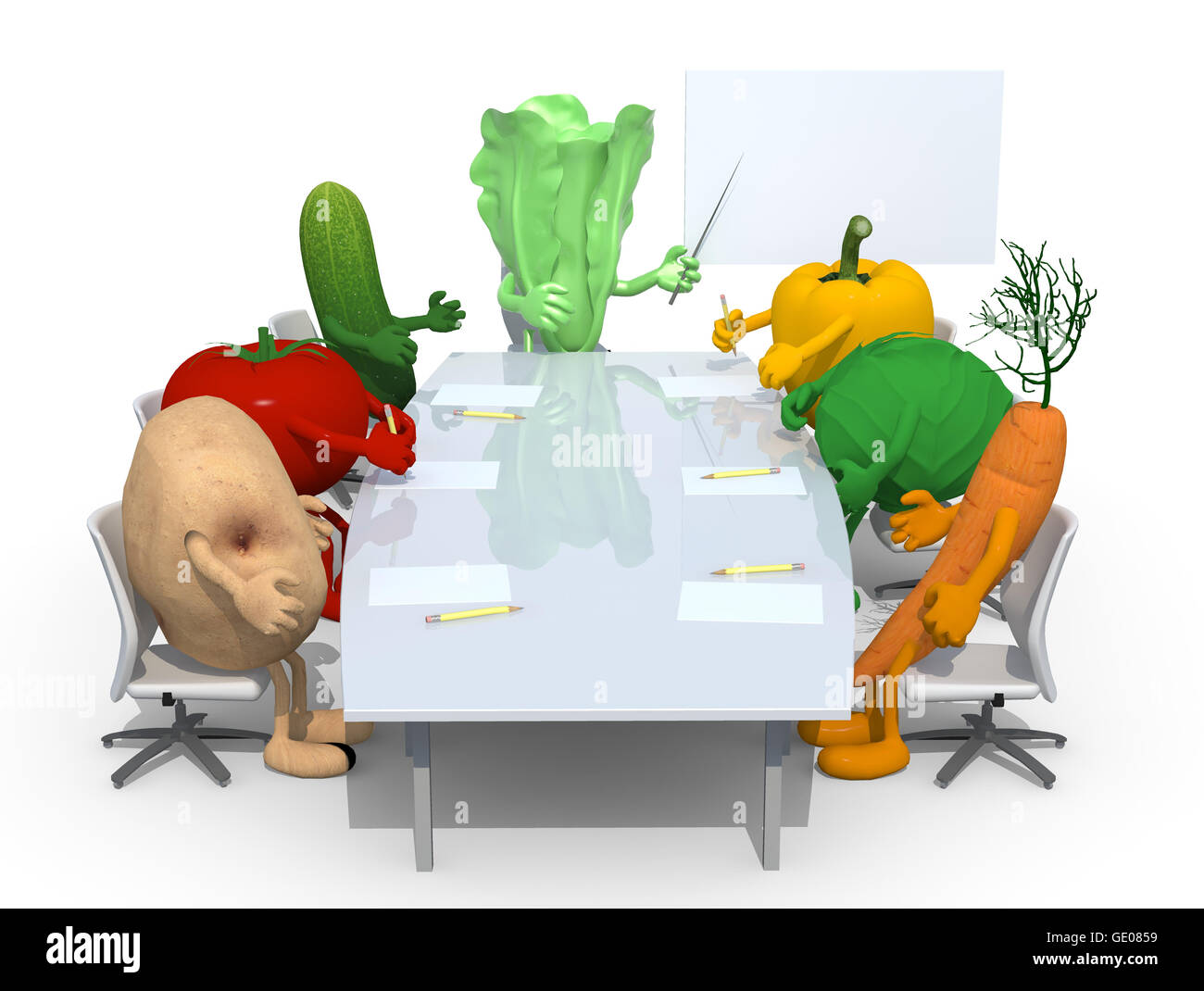 many vegetables meeting around the table and follow their boss 3d