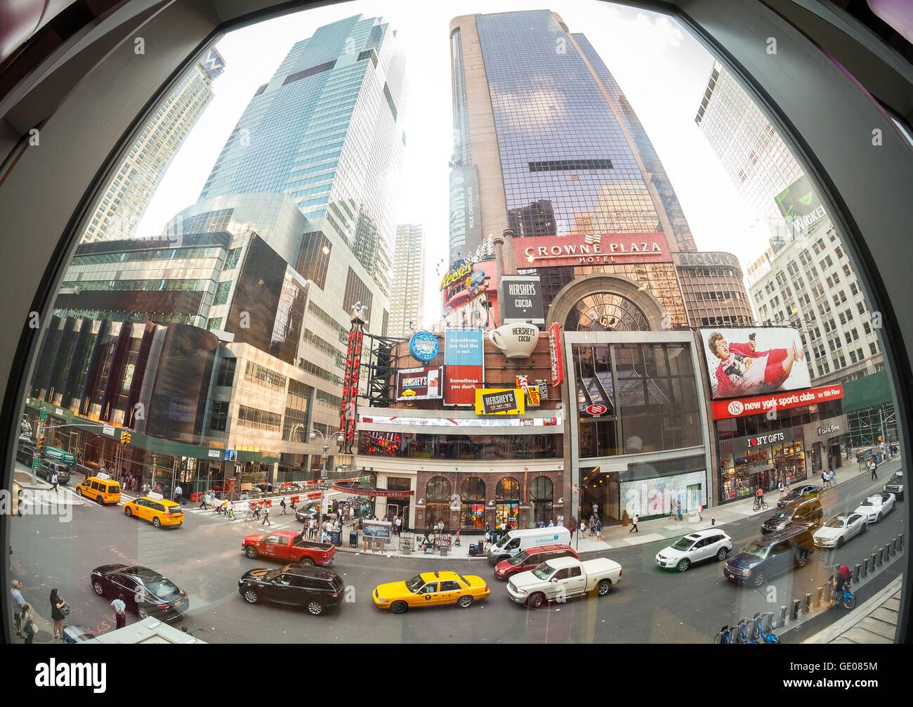 Fisheye lens photo of famous Broadway street, crowded with people and cars. Stock Photo