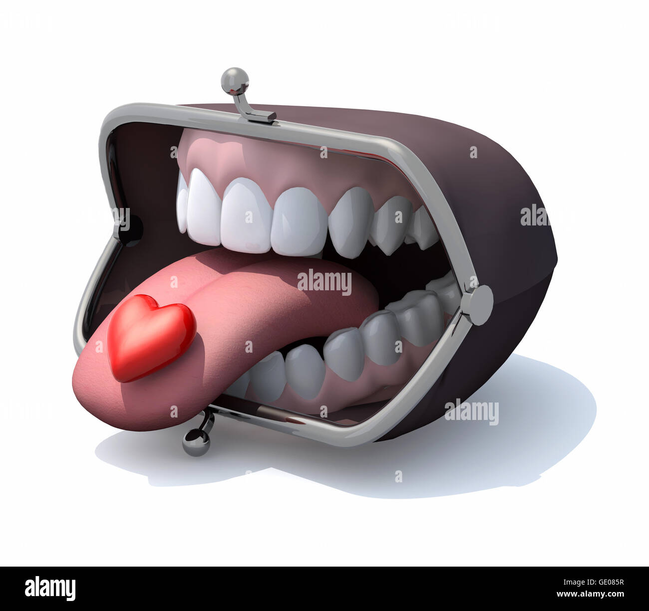 purse with open mouth, tongue out and heart over, 3d illustration Stock Photo