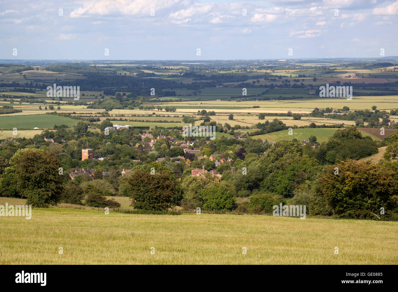View over village of Ilmington and Warwickshire countryside, Ilmington, Cotswolds, Warwickshire, England, United Kingdom, Europe Stock Photo