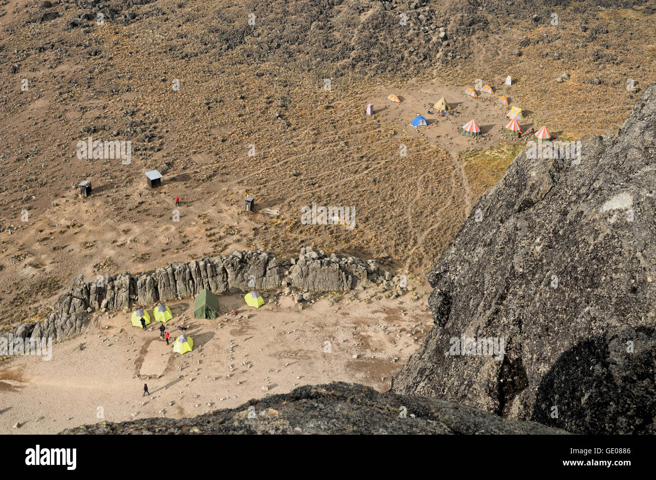 Tents from the top of Lava Tower, Mount Kilimanjaro National Park, Tanzania Stock Photo