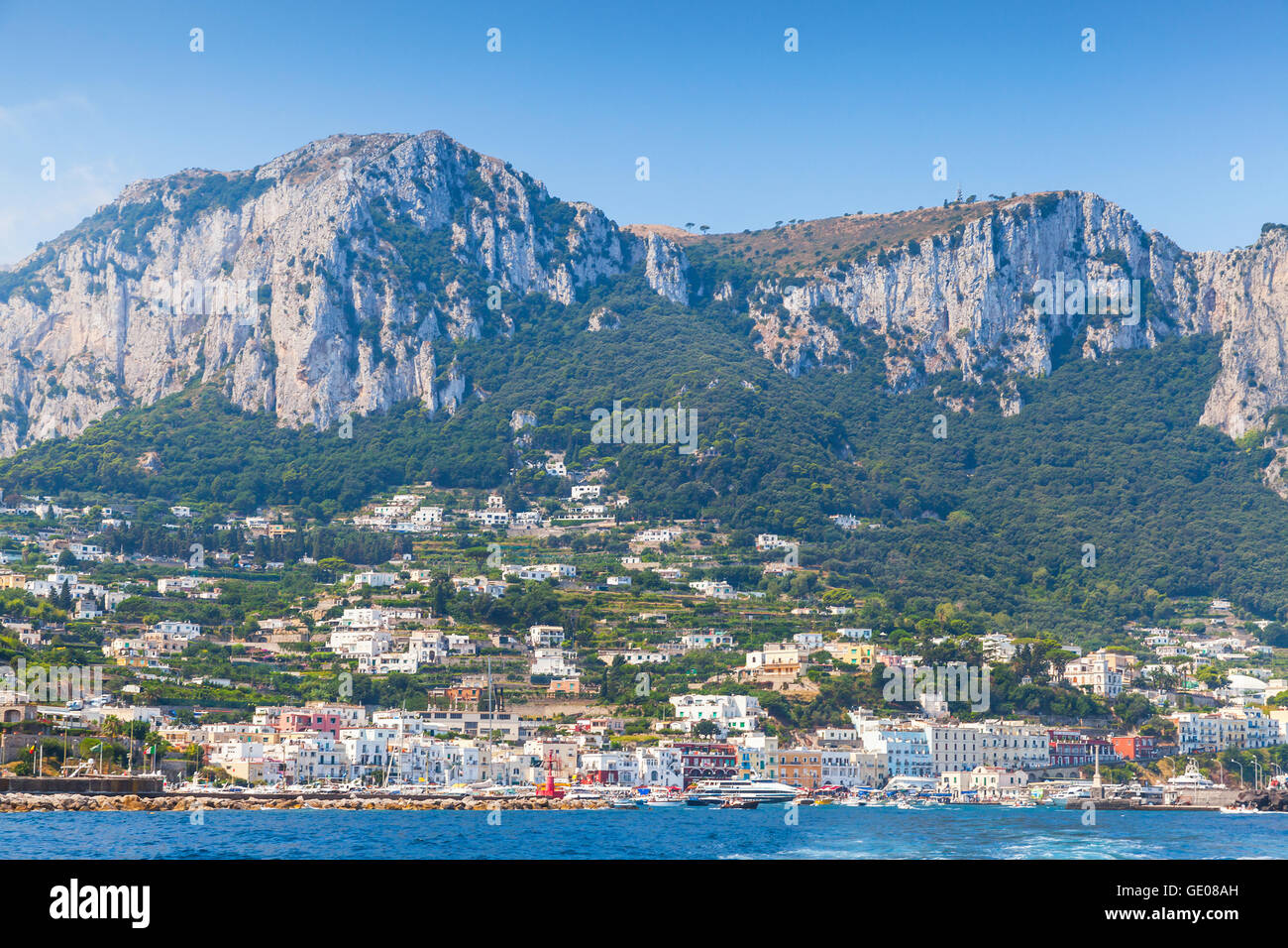 Landscape of Capri port view from the Sea. Italy, Bay of Naples Stock Photo