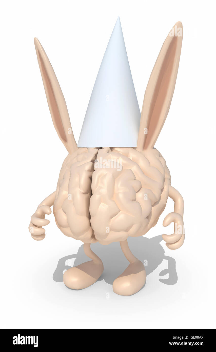 human brain with dunce ears and hat, 3d illustration Stock Photo