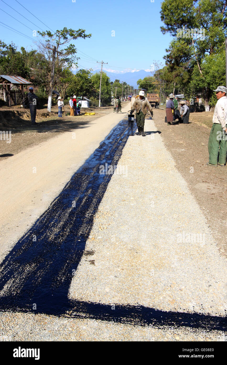 Local workers during a road construction in Putao. Stock Photo