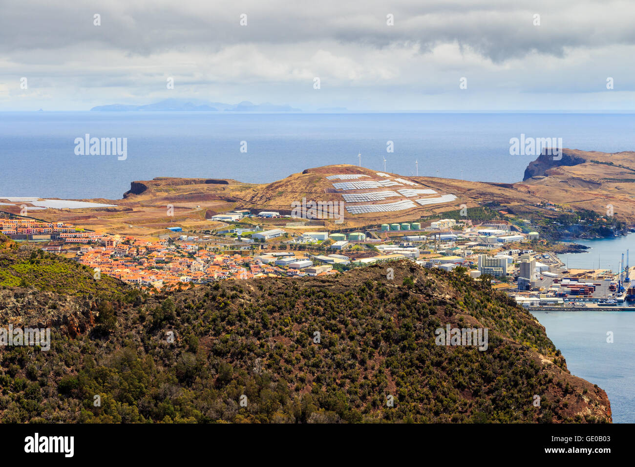 Solar panels placed on easterly point on Madeira island, Portugal Stock Photo
