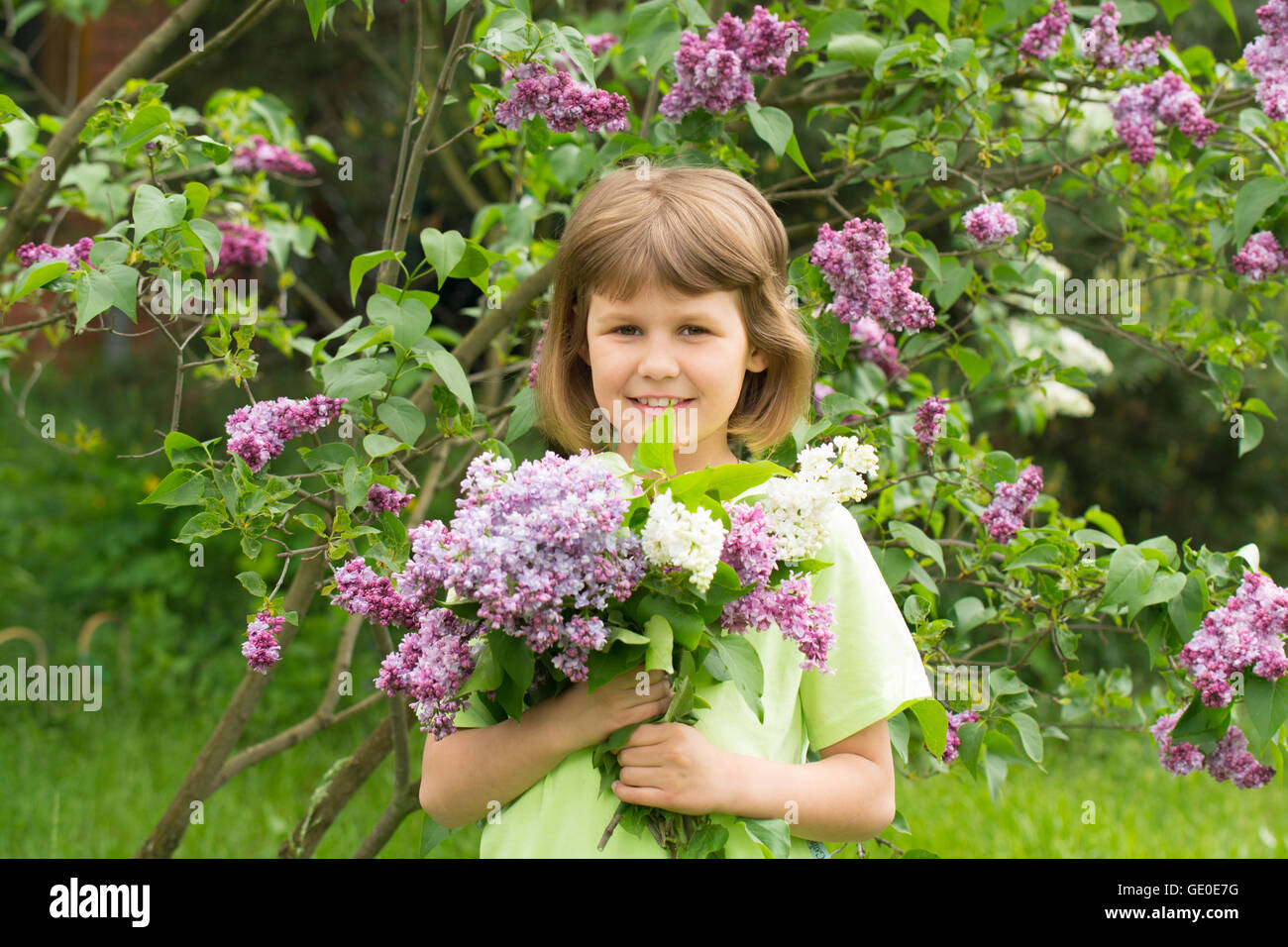 Girl with a bouquet of lilacs Stock Photo - Alamy
