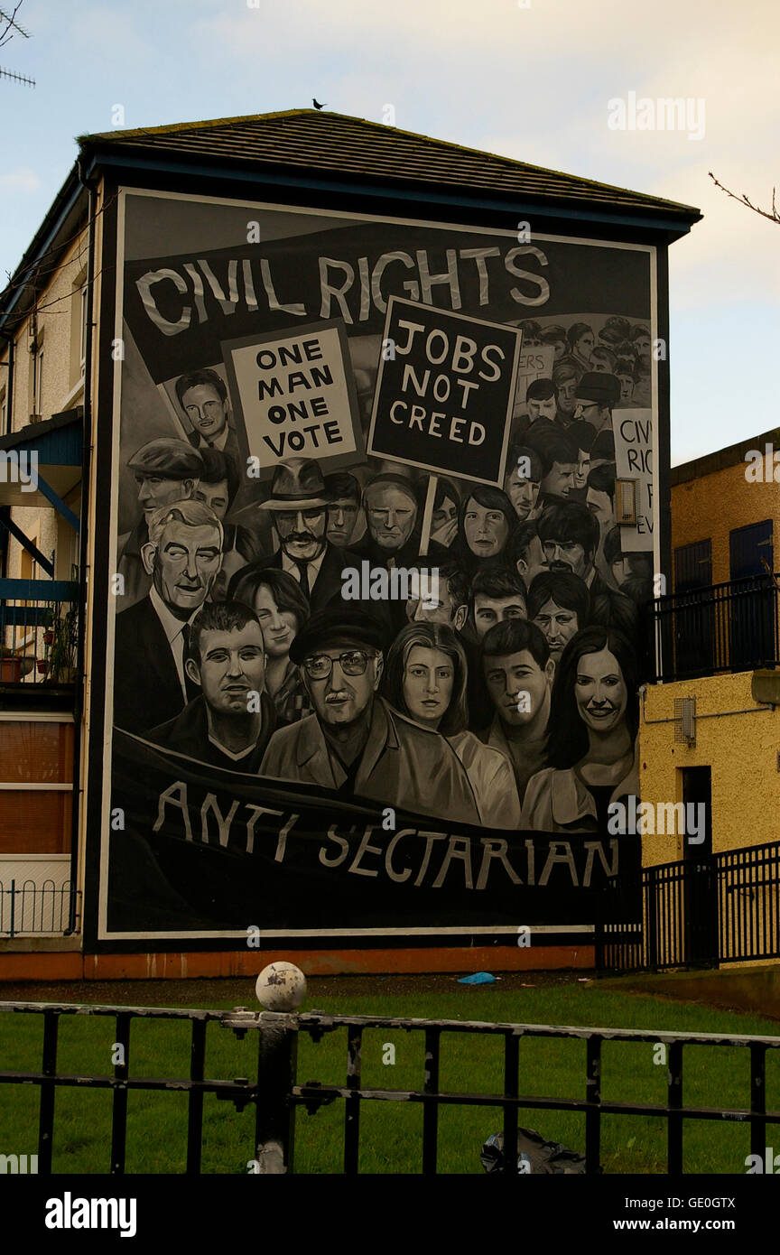 The people's gallery of murals consists of a series of pictures painted on walls depicting feelings about conflict and injustice Stock Photo