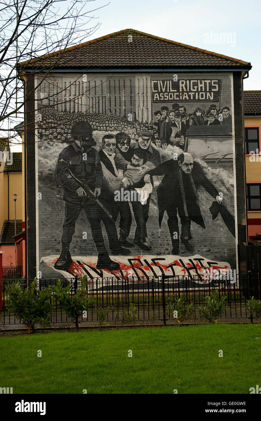 The people's gallery of murals consists of a series of pictures painted on walls depicting feelings about conflict and injustice Stock Photo