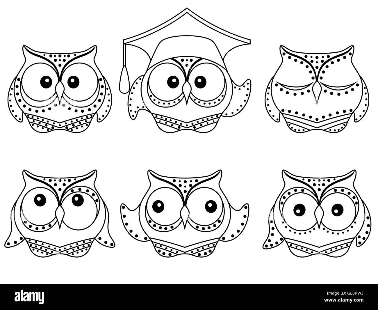 Set of six amusing owl vector black outlines isolated on the white background Stock Vector