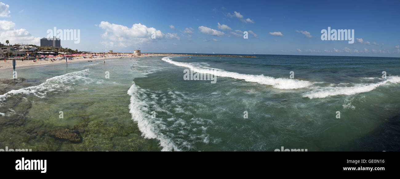 Tel Aviv, Israel: panoramic view of Mediterranean Sea and Metzitzim Beach, a family friendly bay near Tel Aviv Port Stock Photo