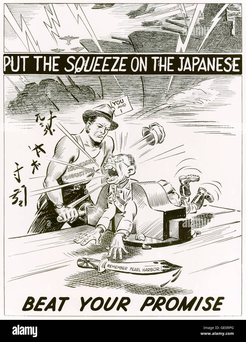 'Put the Squeeze on the Japanese! Beat the Promise'US Government World War 2 anti-Japanese propaganda poster published in 1942 showing 2 American worker crushing a Japanese soldier with exaggerated racial characteristics in a vice. See description for more information. Stock Photo