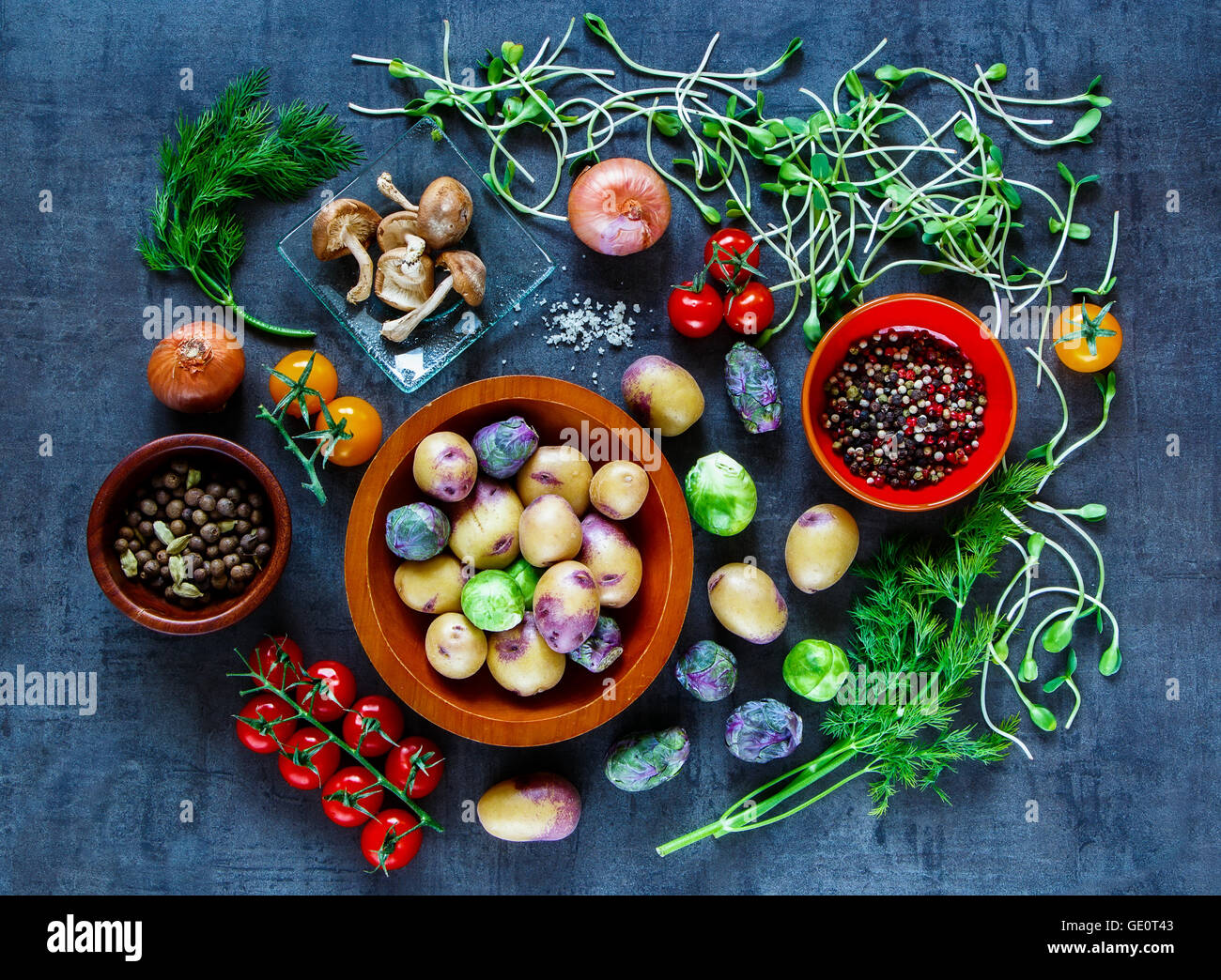 Top view of cooking background with organic vegetables and fresh ...