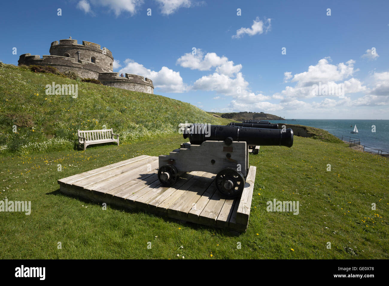 St Mawes Castle and cannons, St Mawes, Cornwall, England, United Kingdom, Europe Stock Photo