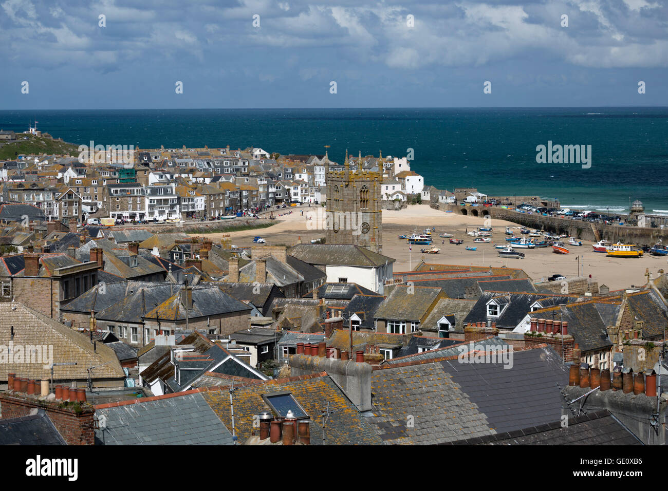 View over old town and harbour with St Ia's church, St Ives, Cornwall, England, United Kingdom, Europe Stock Photo