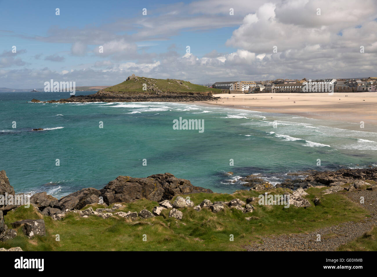 Porthmeor beach and The Island, St Ives, Cornwall, England, United Kingdom, Europe Stock Photo