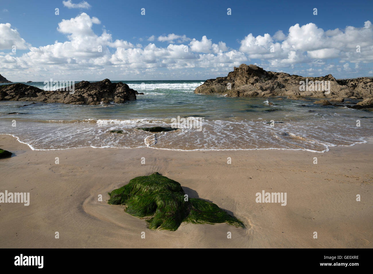 Waves breaking between rocks on Towan Beach, Newquay, Cornwall, England, United Kingdom, Europe Stock Photo
