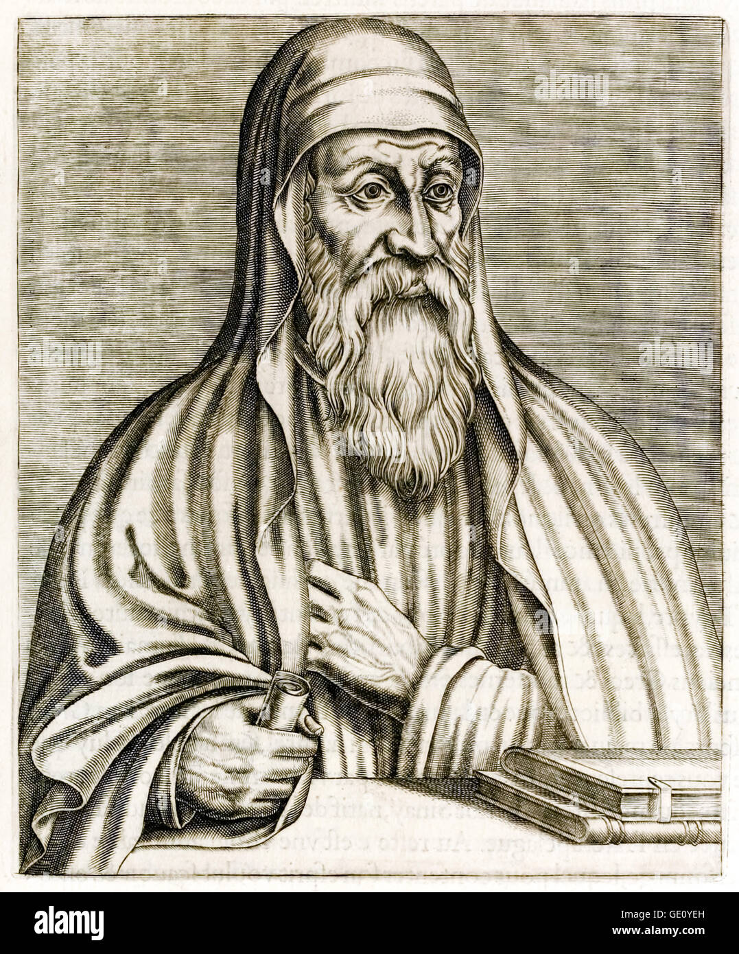 Origen Adamantius (184-254) Greek scholar and theologian born in Alexandria, Egypt who’s works included ‘Hexapla’, a study of different translations of the Old Testament. Engraving by  Frère André Thévet (1516-1590). See description for more information. Stock Photo