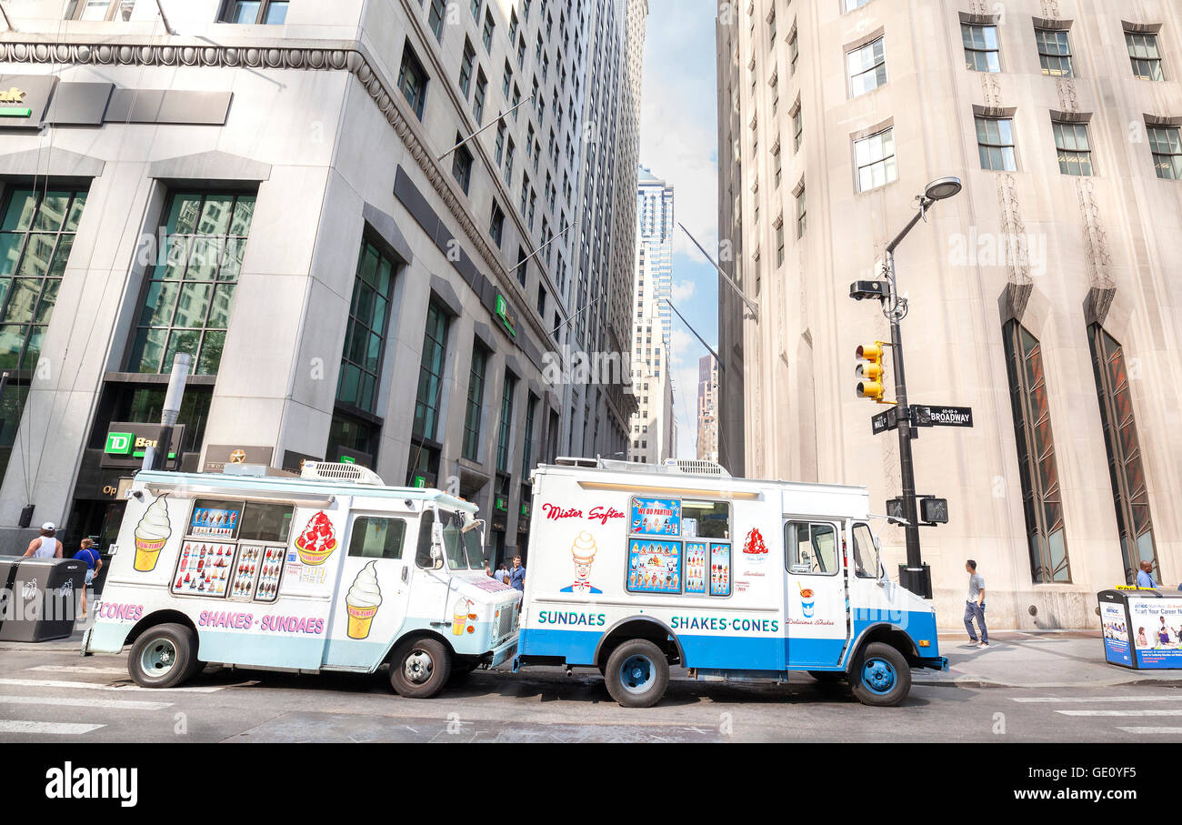 New York, USA - August 16, 2015: Ice cream trucks delivering sundaes and cones parked in front of the Wall Street. Stock Photo