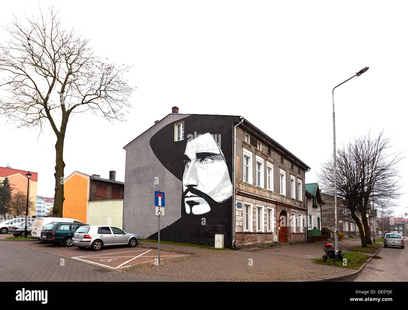 Bialogard, Poland - November 27, 2014: Mural portraying famous polish singer Czeslaw Niemen on 1st of May Street in Bialogard. Stock Photo
