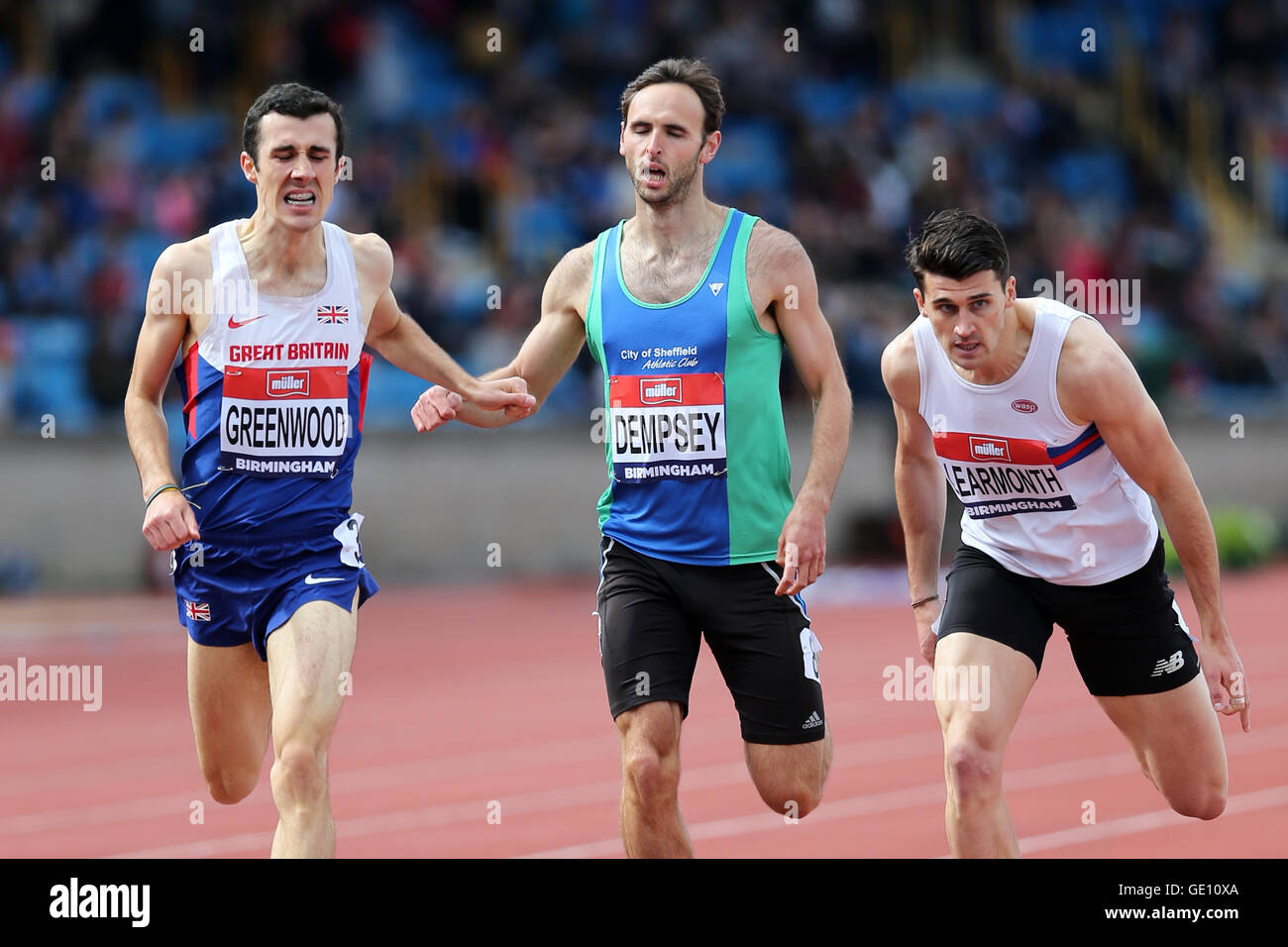 Ben GREENWOOD,David DEMPSEY and Guy LEARMONTH crossing the finish line in the Men's 800m Heat 4; 2016 British Championships; Birmingham Alexander Stadium UK. Stock Photo