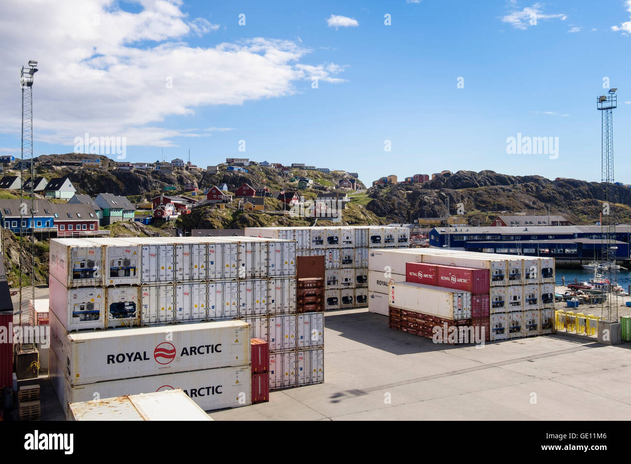 Royal Arctic Line shipping containers mainly containing fish for export market on quay in port. Sisimiut Qeqqata West Greenland. Stock Photo