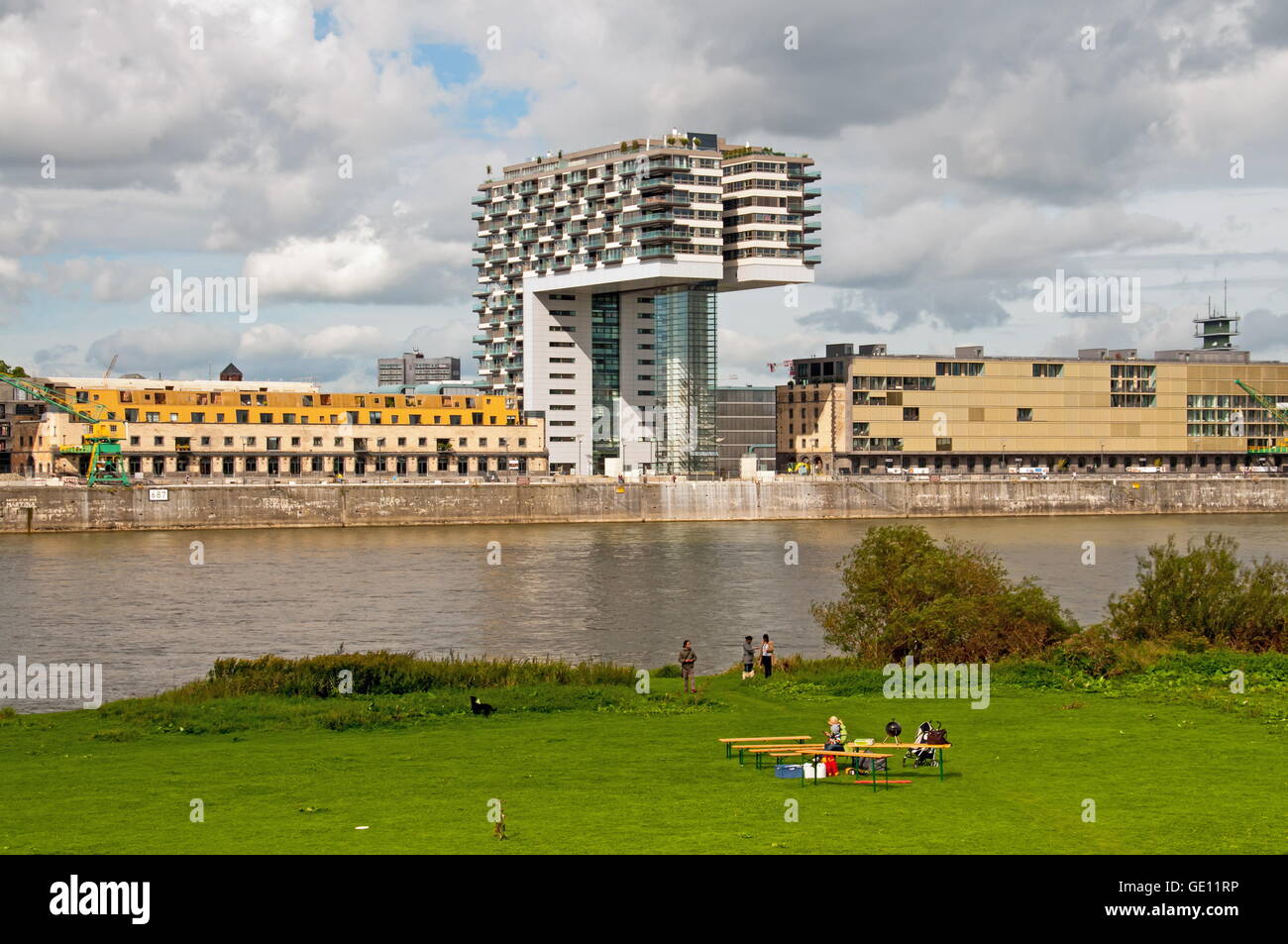 geography / travel, Germany, North Rhine-Westphalia, Cologne, crane house North, view from the Poller meadows, Deutzer Rhine riverbank, Rheinauhafen, Additional-Rights-Clearance-Info-Not-Available Stock Photo