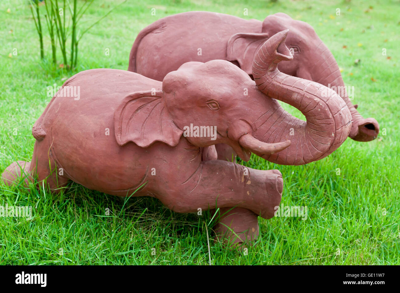 elephant clay dolls in the garden , home decoration. Stock Photo