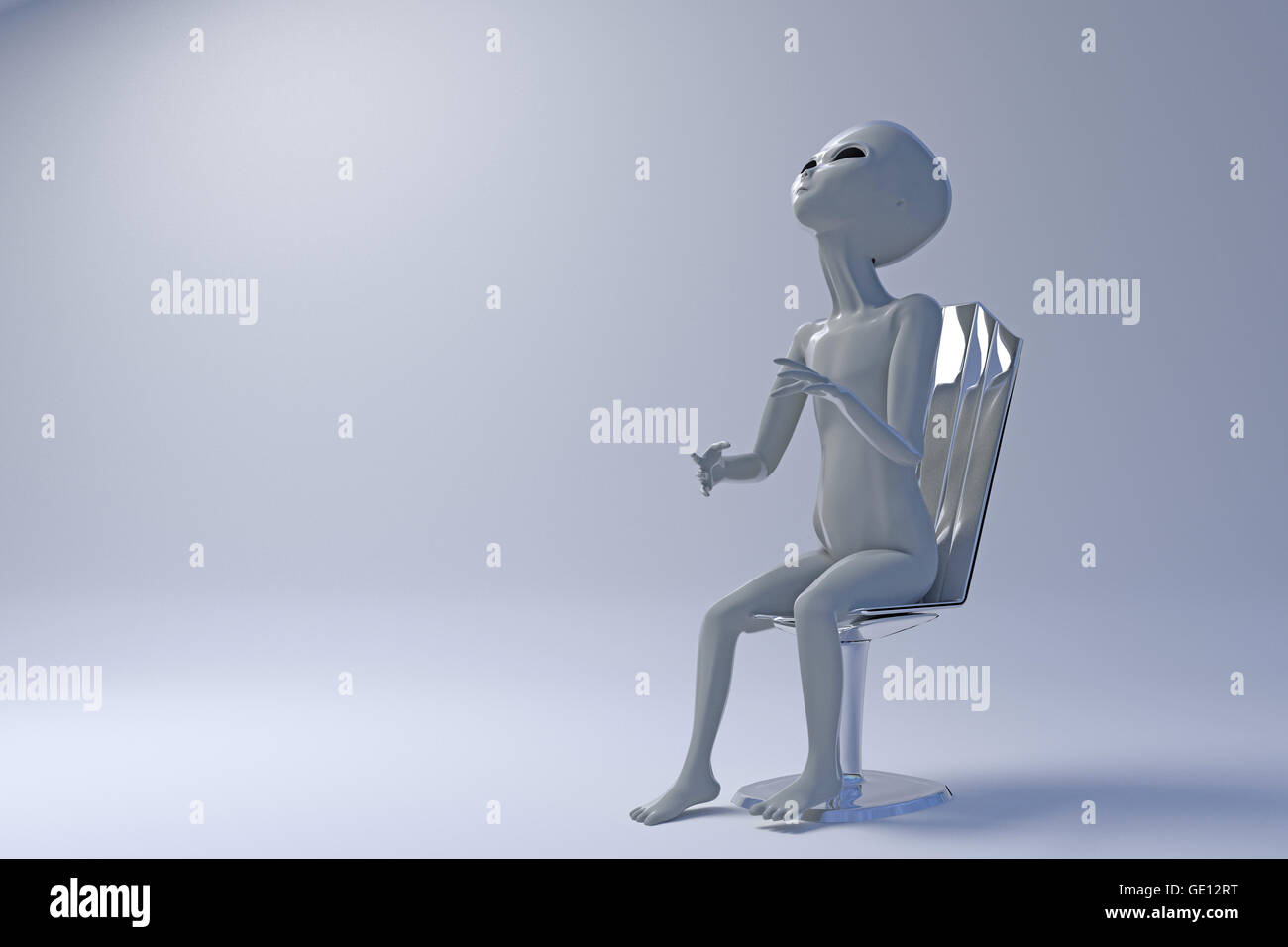 3d illustration of an alien sitting on a metal chair Stock Photo - Alamy