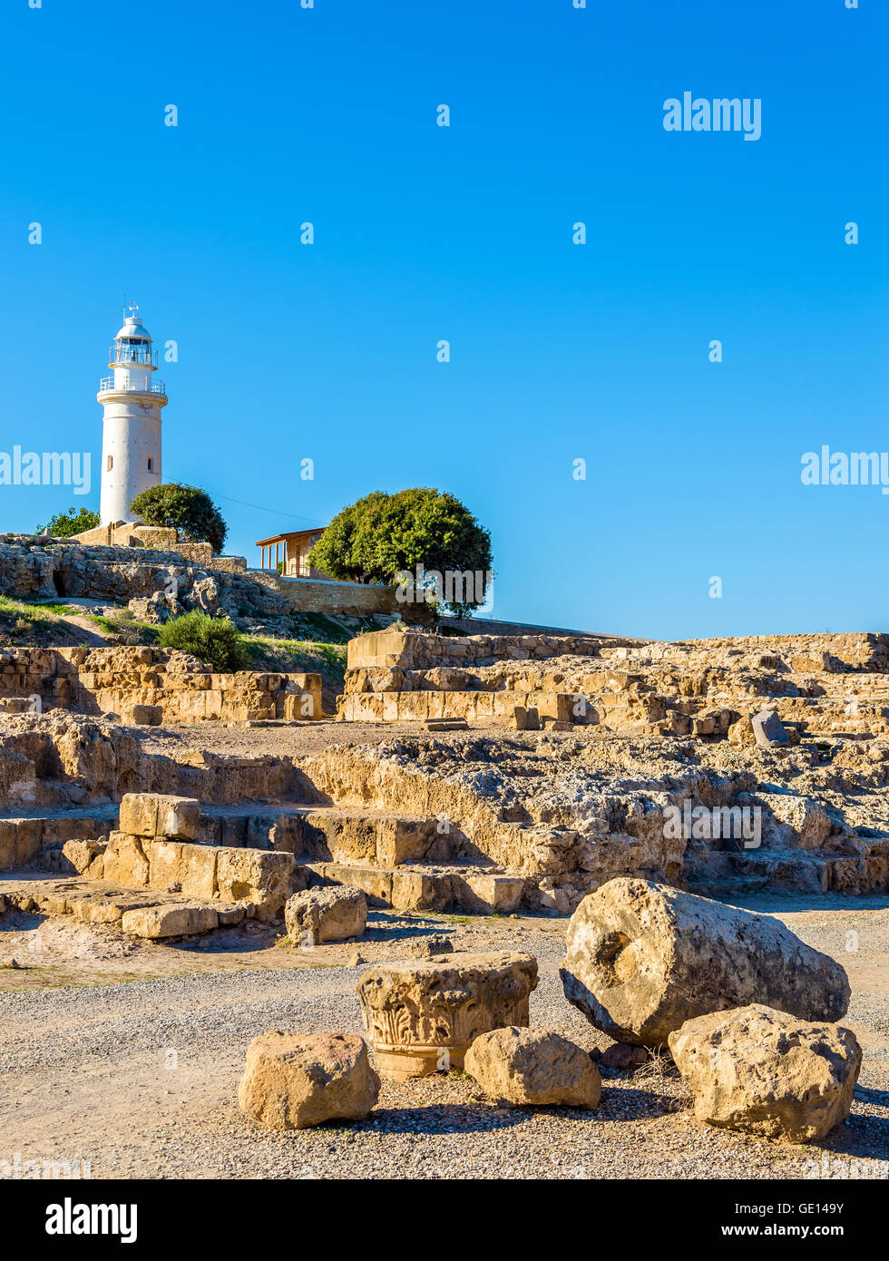 View of lighthouse and Paphos Archaeological Park - Cyprus Stock Photo ...